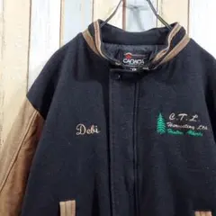 M155☆ビンテージ☆レザースタジャン☆企業ロゴ刺繍☆袖レザー☆Mサイズ