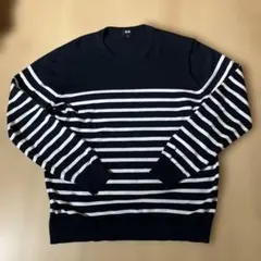 UNIQLO L ウォッシャブルコットンクルーネック　ネイビー/ホワイト