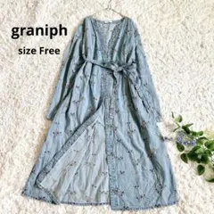 美品⁂グラニフ⁂ガウンロングワンピース　羽織り　花柄　総刺繍　デニム　ベルト