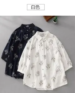 綿　コットン花柄刺繍レース襟シャツ　Lサイズ