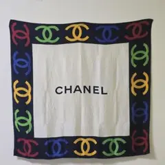 香奈兒　絲綢大尺寸圍巾 約83×80公分 彩色Logo圖案 古董