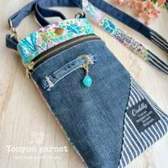 スマホポシェット ショルダー紐も可愛い♡ ボタニカル柄USAコットン ×デニム