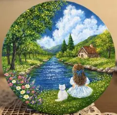 アクリル絵画 風景画 夏の終わり、川辺でお姉ちゃんと過ごすひととき