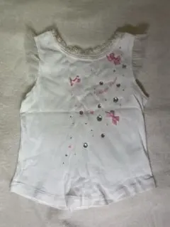 当時物　メゾピアノ　リボンとストーン装飾のホワイトタンクトップ 130cm