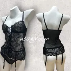 ブラックレース ガーターデザイン ベビードールランジェリー 小悪魔