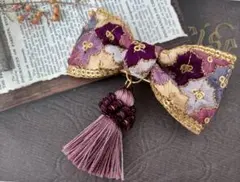 ヘアクリップ　インド刺繍リボン　バレッタ　リボン　インド刺繍　ポニーフック