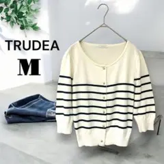 トルディア [M] 5分袖カーディガン 羽織り 金ボタン ボーダー オフィス