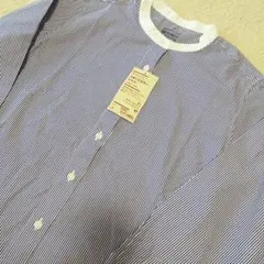 新品　無印良品　洗いざらし　スタンドカラーシャツ M　ネイビーストライプ