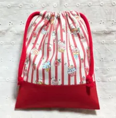 ハンドメイド、スイーツ、ストライプ柄の給食袋、巾着袋、コップ入れ、赤