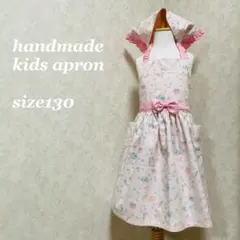 ハンドメイド　キッズエプロン三角巾エプロン袋　ねこ柄ピンク　130サイズ 女の子