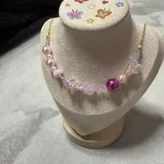 フラワービーズ ネックレス ピンク系