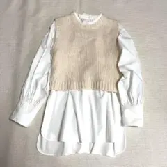 グリーンレーベルリラクシング　ニットベスト＆フリルネックブラウス セット　モヘヤ