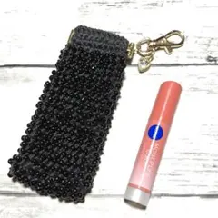 ハンドメイド　バネ口ポーチ　リップケース　ビーズ　チャーム　編み物　黒
