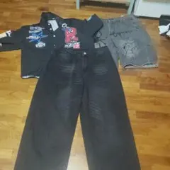 ブラック ワイドデニムパンツ ダメージ加工