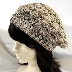 ベージュ&茶系段染め　シェル編み　ベレー帽　アクリル　ハンドメイド