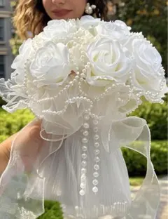 ホワイト造花パールウェディングブーケ　結婚式　前撮り　ウェルカムスペース