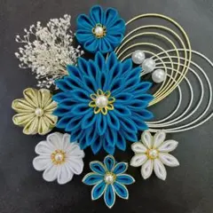 髪飾り　つまみ細工　成人式　卒業式　結婚式　七五三　青緑　白　金