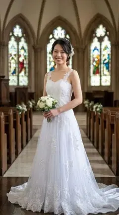 ホワイトウェディングドレス Aライン レース装飾