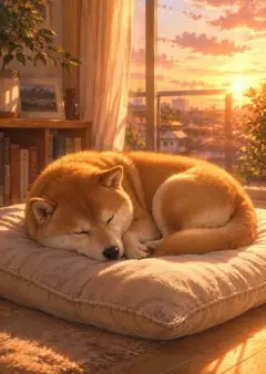 夕暮れと柴犬の風景画 デジタルアート イラスト