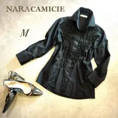 値下げ✨NARA CAMICIE ／ブラック コットンフリルシャツ ブラウスM