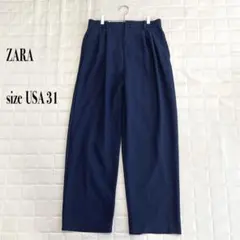 ZARA ワイドパンツ USA31 ネイビー タック入り スラックス 大きめ