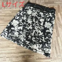 総柄膝丈スカート 黒 白 透け感 ウエストゴム　Lサイズ プリーツスカート