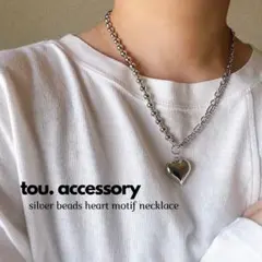 シルバービーズネックレス　ステンレスチェーン　パハートモチーフ　シルバー