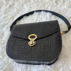 美品✨クロコダイル型押し ブラック ハンドバッグ レザー 本革 黒 上品 肩掛け