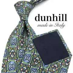 【極美品】dunhill ネクタイ 格子 幾何学 グリーン 緑色 dマーク ロゴ