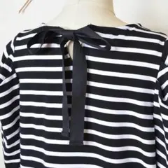 M〜L バックリボン付き ボーダー チュニック 五分袖 レディース/ブラック