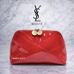 YSL サンローラン レッド エナメルポーチ ラインデザイン ロゴチャーム付き