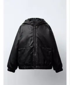 ZARA キッズ 新品 フェイクレザーパフジャケット 122 フード ブラック