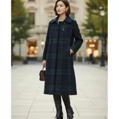 ヨークランド ウール100% ロングコート　英国風チェック 9号 レトロ