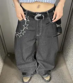 スターチェーン刺繍 デニムパンツ ブラック Sのサムネイル