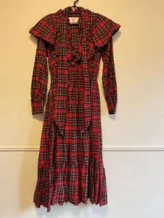 リボンタイフリルロングワンピース チェック柄 レッド