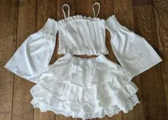 SHEIN ホワイト フリル ノースリーブ　フリルスカート　セットアップ 10Y