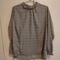 チェック柄フリル襟長袖ブラウス M