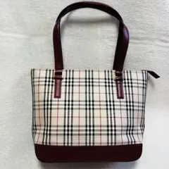 バーバリー　トートバッグ　ノバチェック　レザー　キャンバス　ロゴプレート　レッド