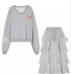 2litr グレー Vネック トレーナー 虎刺繍 スカート セットアップ