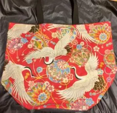 【新品】和柄 鶴と花のエコバッグ 〜赤色
