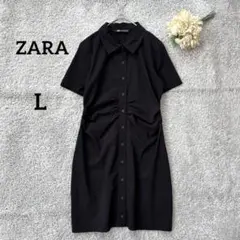 ZARA シャツワンピース 半袖 ウエストギャザー ストレッチ 前開き 黒