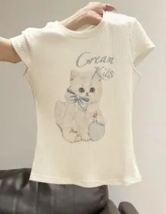 SHEIN 猫プリント 半袖 リブニット トップス アイボリー