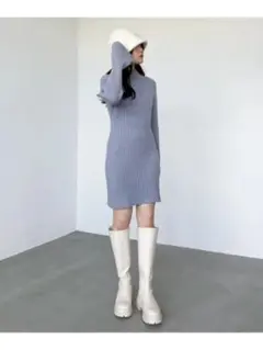 Heather ヘザー リブニットワンピース 水色　タイト フレア袖