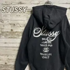 045【希少XLサイズ】ステューシー♧両面ロゴ　ワールドツアー　ブラックパーカー