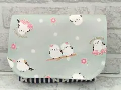 ★移動ポケット★　ハンドメイド　シマエナガ　花　ブルーグリーン　紺ストライプ