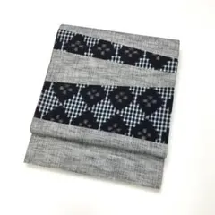 京袋帯 紬 横縞に抽象織模様 格子柄 KO-1574