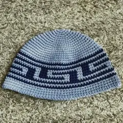 春夏　クラッシャーハット　ビーニー コットン　くすみブルー×ネイビー　男女兼用