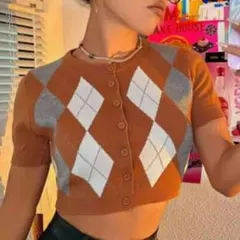 shein カジュアル ボタンフロント アーガイル柄 カーディガン