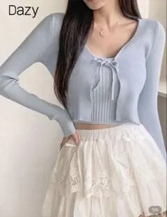 SHEIN 水色 リボン付き クロップドカーディガン