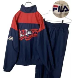 90s古着FILA USAでかロゴナイロンジャージセットアップ上下セットゆったりのサムネイル